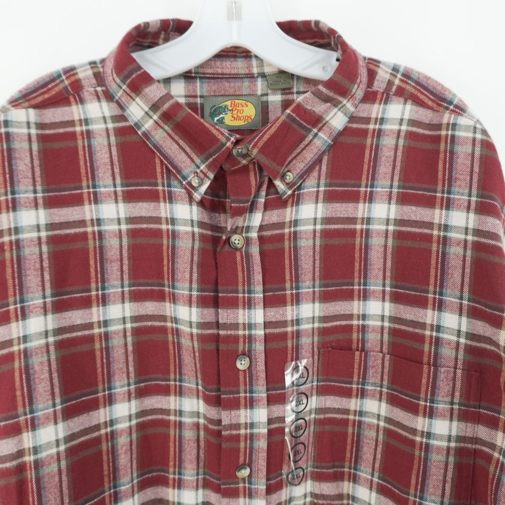 Bass Pro Shops Button Down Flannel Shirt Mens 2XL Red Plaid Long Sleeve Cotton